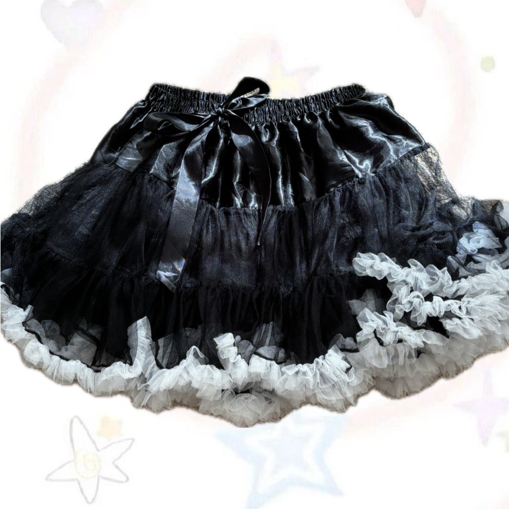 Tiered vintage Lolita-esque black and white ruffle skirt with ribbons tie